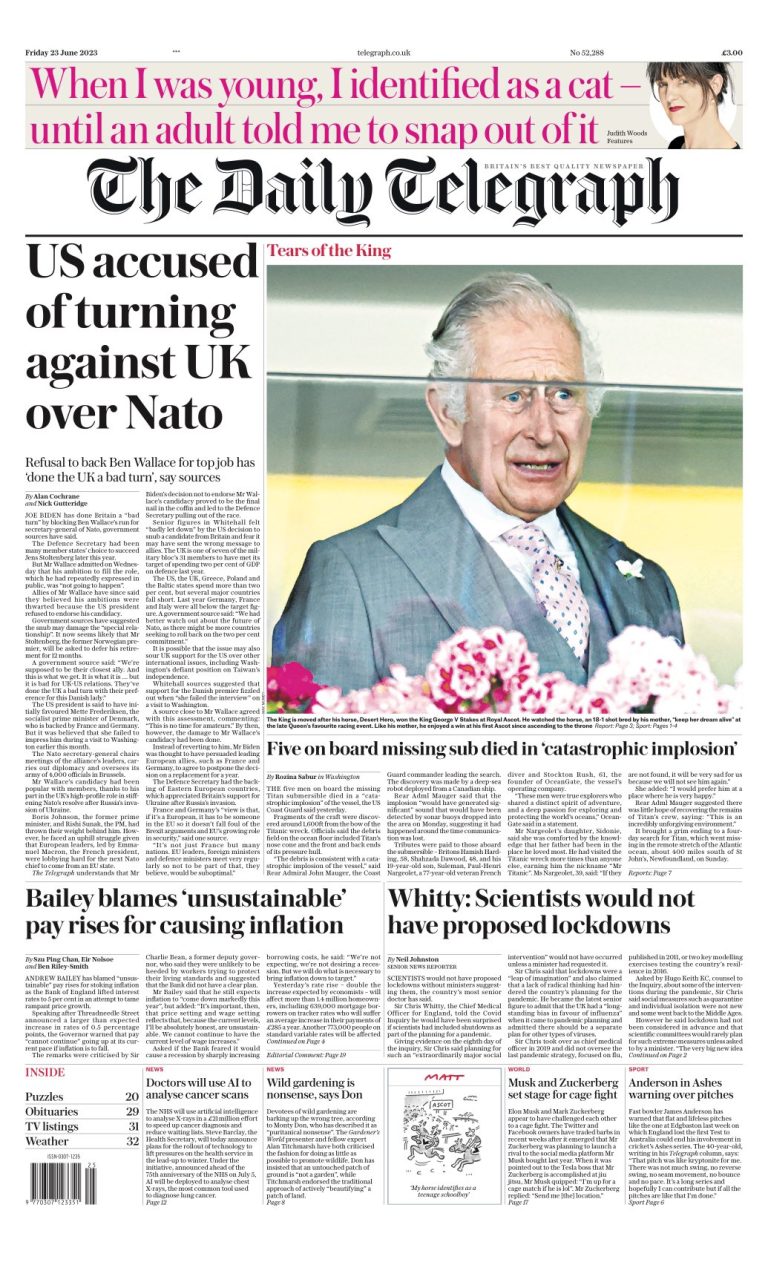 Daily Telegraph Front Page 23rd of June 2023 - Tomorrow's Papers Today!