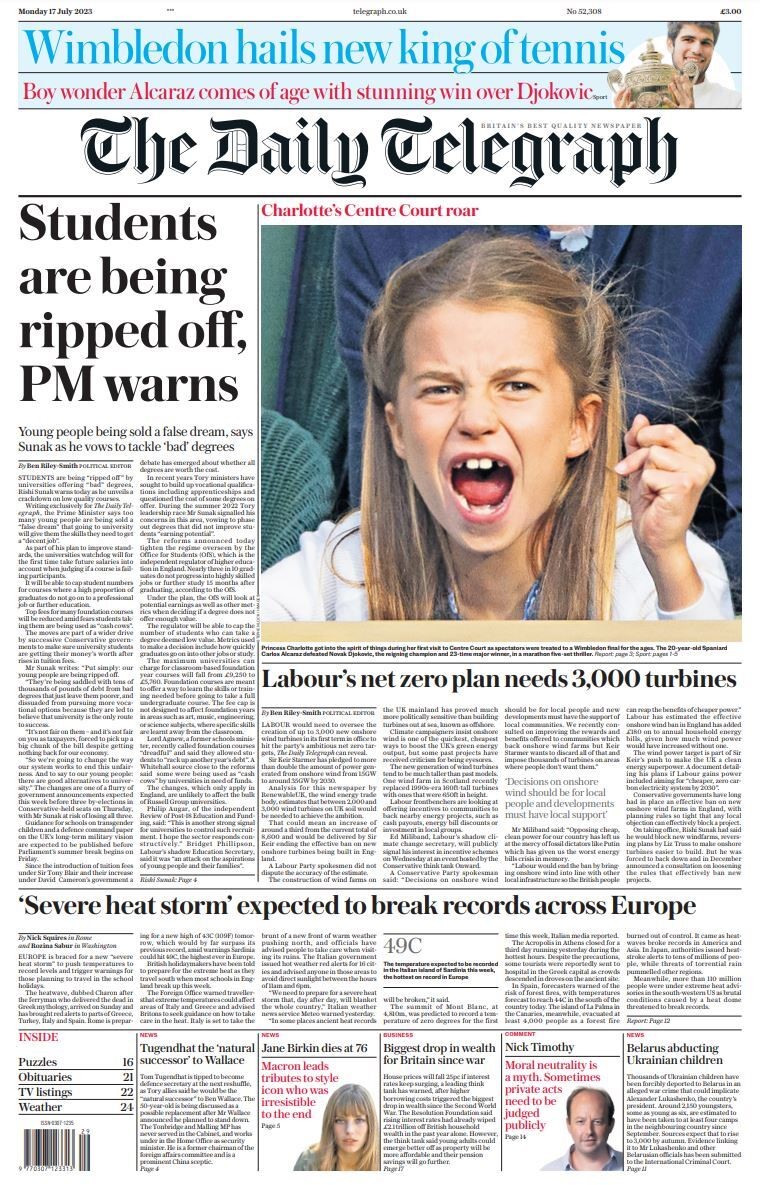 Daily Telegraph Front Page 17th Of July 2023 Tomorrows Papers Today 4194