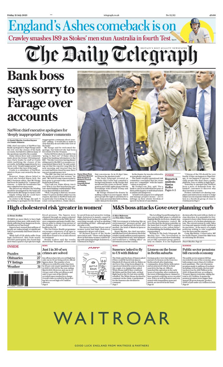 Daily Telegraph Front Page 21st Of July 2023 Tomorrows Papers Today 6459