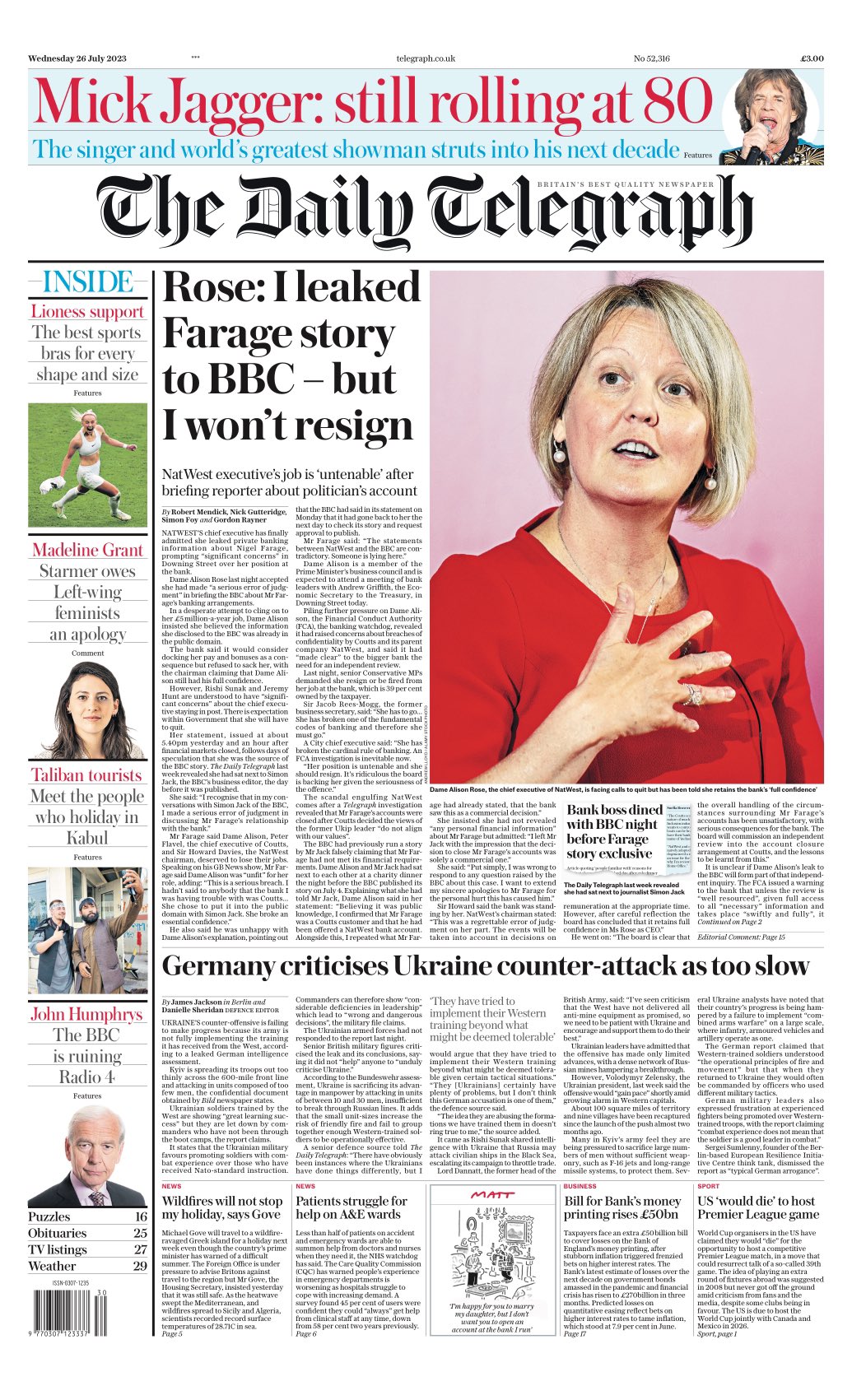 Daily Telegraph Front Page 26th Of July 2023 Tomorrow S Papers Today