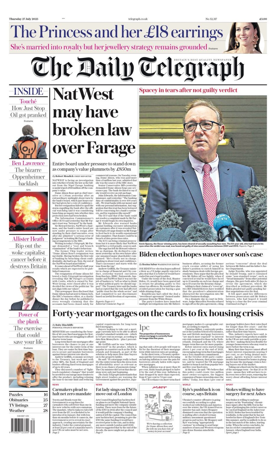 Daily Telegraph Front Page 27th of July 2023 - Tomorrow's Papers Today!