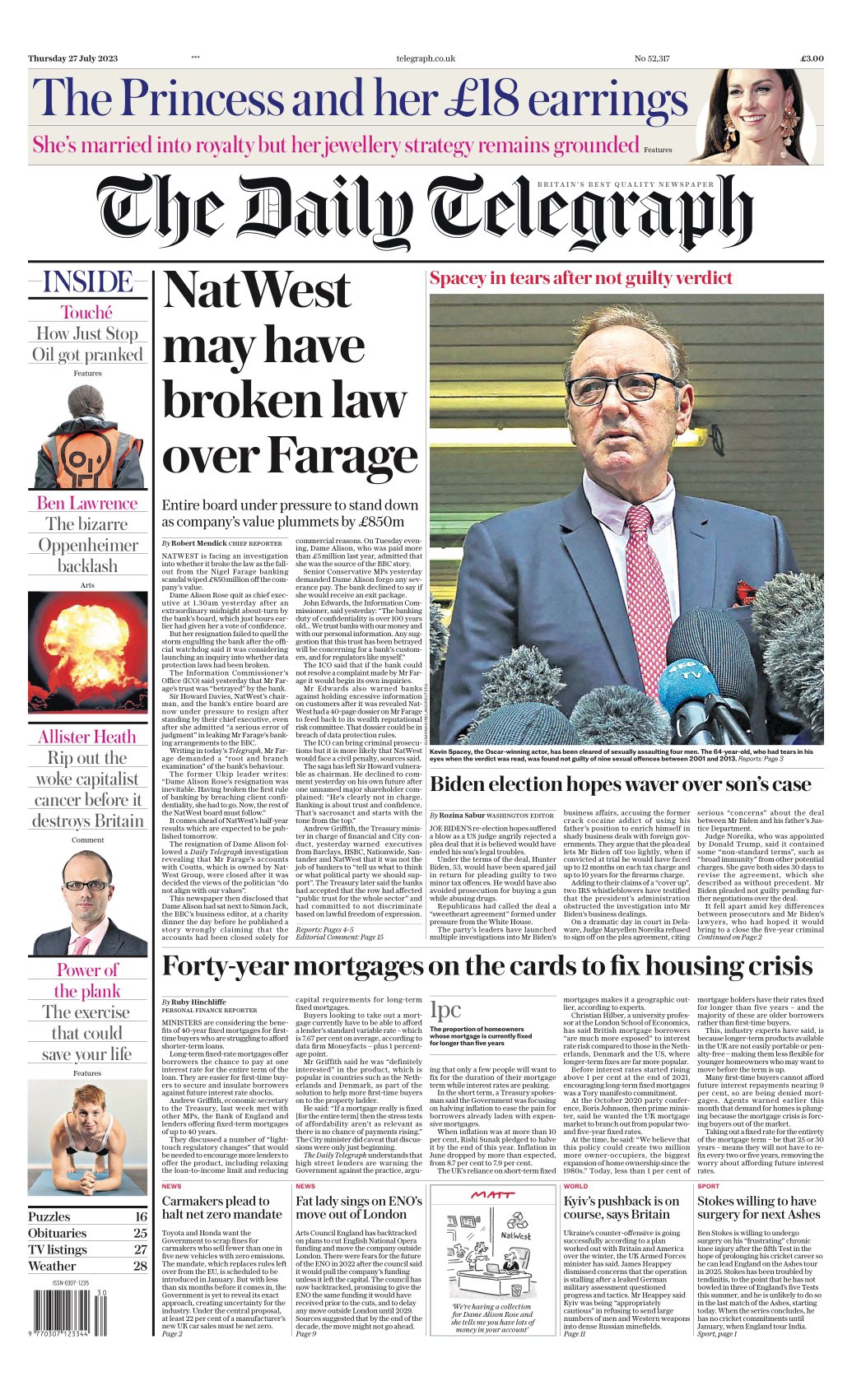 Daily Telegraph Front Page 27th Of July 2023 Tomorrows Papers Today 0271