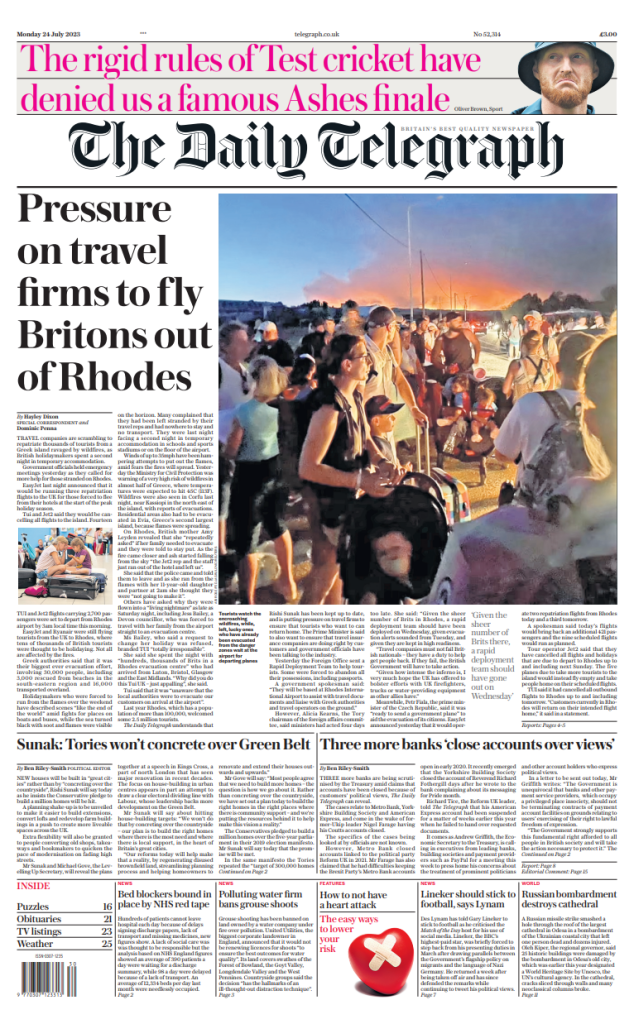 Daily Telegraph Front Page 24th of July 2023 Tomorrow's Papers Today!