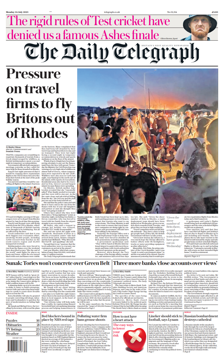 Daily Telegraph Front Page 24th Of July 2023 Tomorrows Papers Today 8487