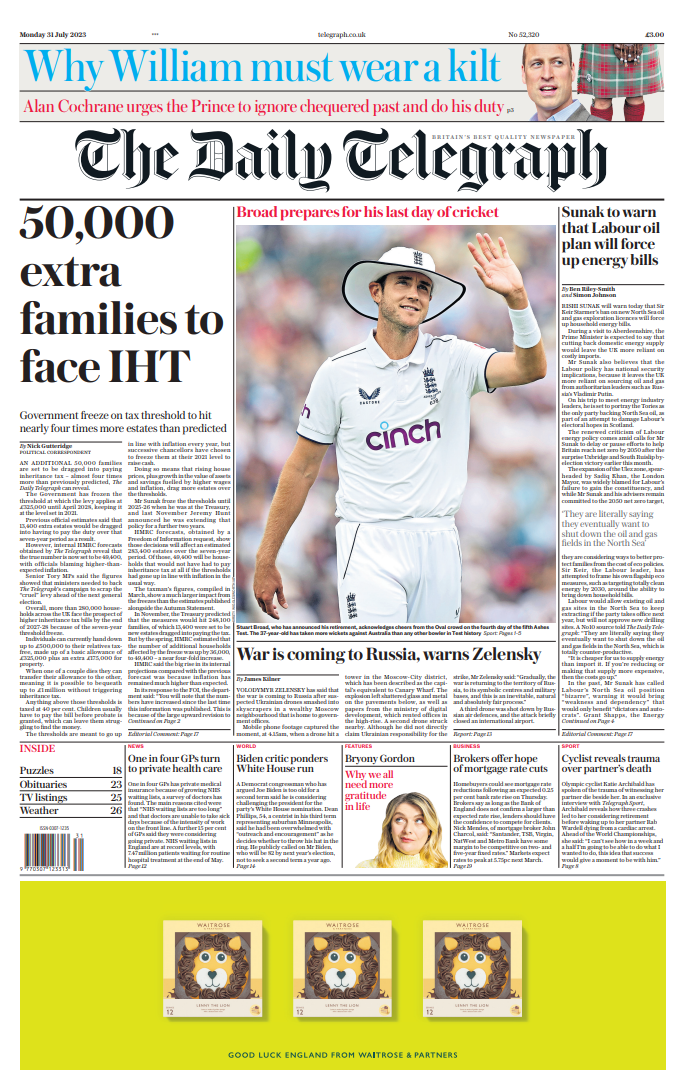 Daily Telegraph Front Page 31st Of July 2023 Tomorrows Papers Today 8602