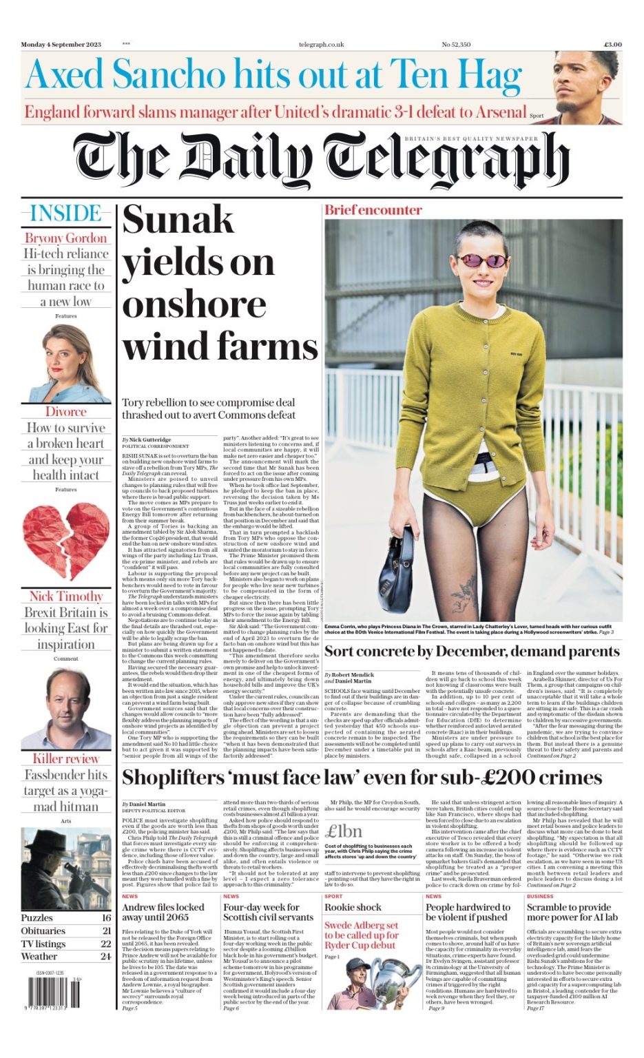 Daily Telegraph Front Page 4th of September 2023 Tomorrow's Papers Today!