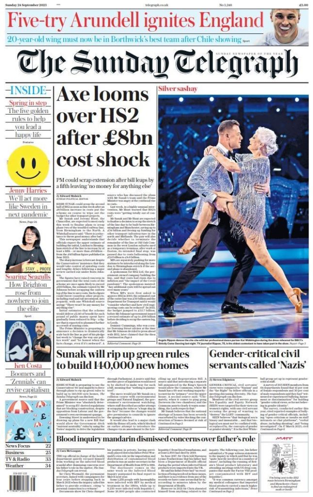 Sunday Telegraph Front Page 24th Of September 2023 Tomorrows Papers Today 5883
