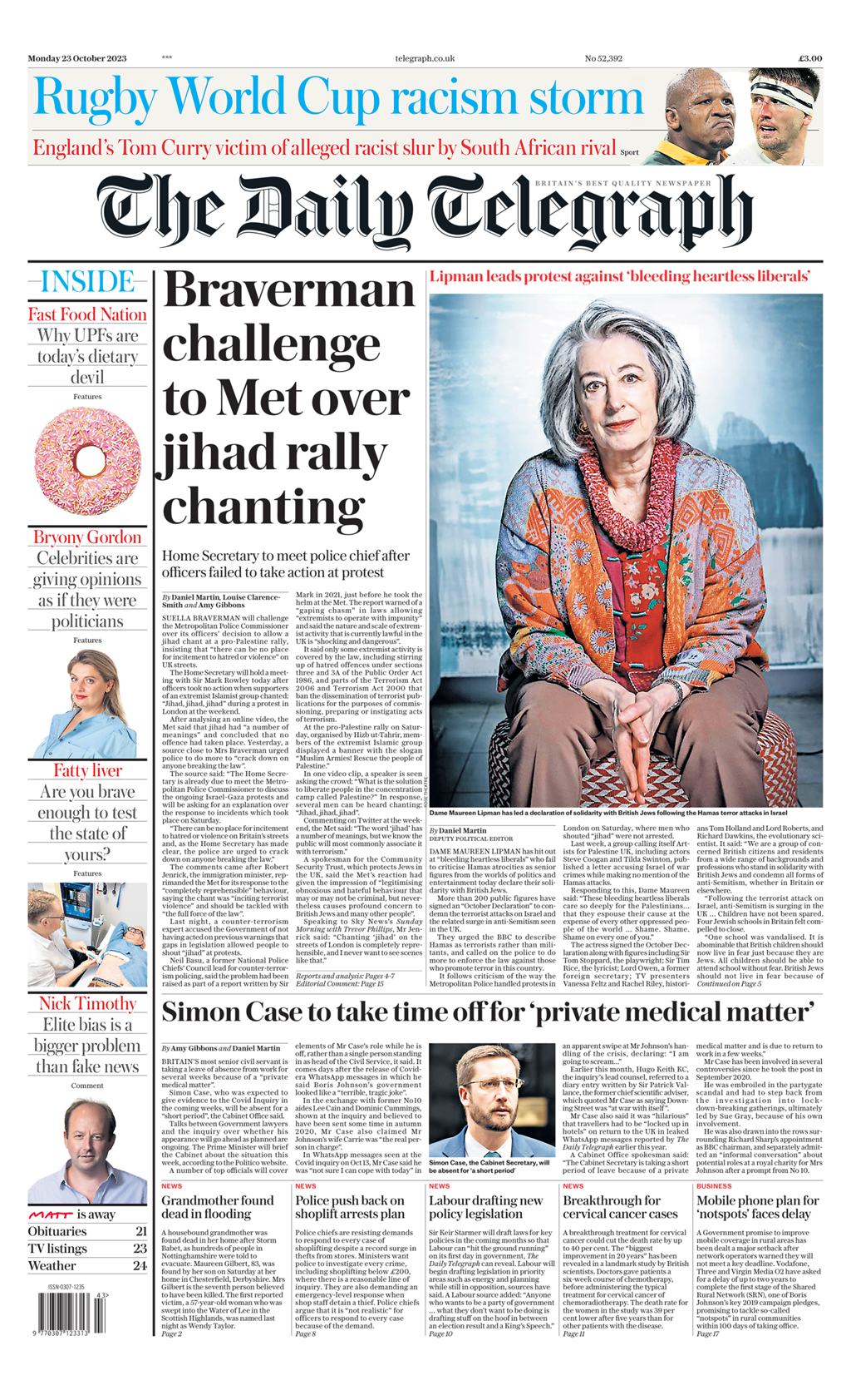 Daily Telegraph Front Page 23rd Of October 2023 Tomorrow S Papers Today