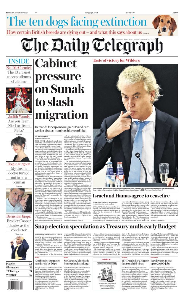 Daily Telegraph Front Page 24th of November 2023 - Tomorrow's Papers Today!