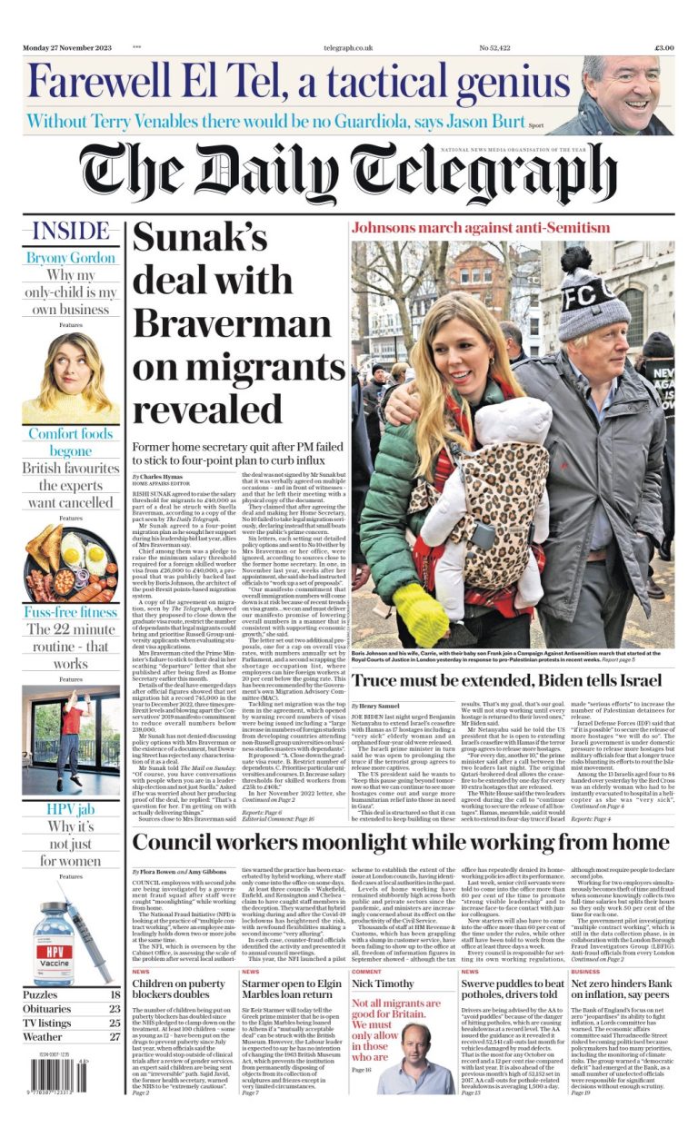 Daily Telegraph Front Page 27th of November 2023 - Tomorrow's Papers Today!