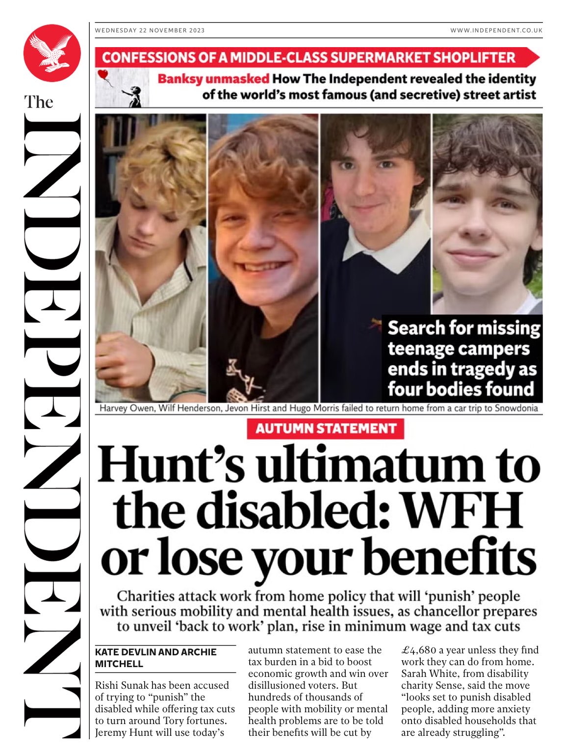 Independent Front Page 22nd Of November 2023 Tomorrows Papers Today
