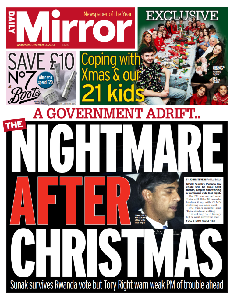 Daily Mirror Front Page 13th Of December 2023 Tomorrows Papers Today 5898
