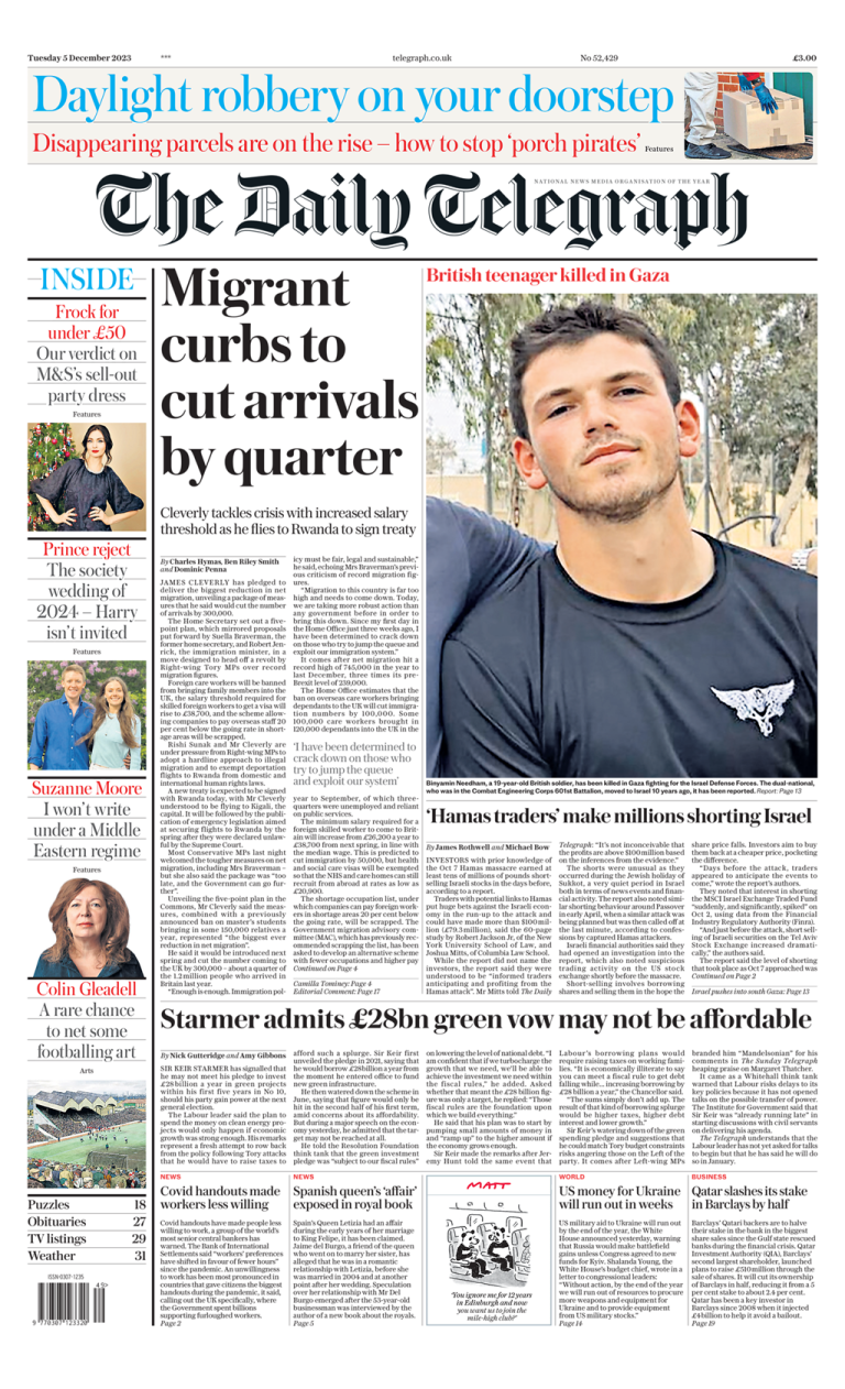 Daily Telegraph Front Page 5th of December 2023 - Tomorrow's Papers Today!