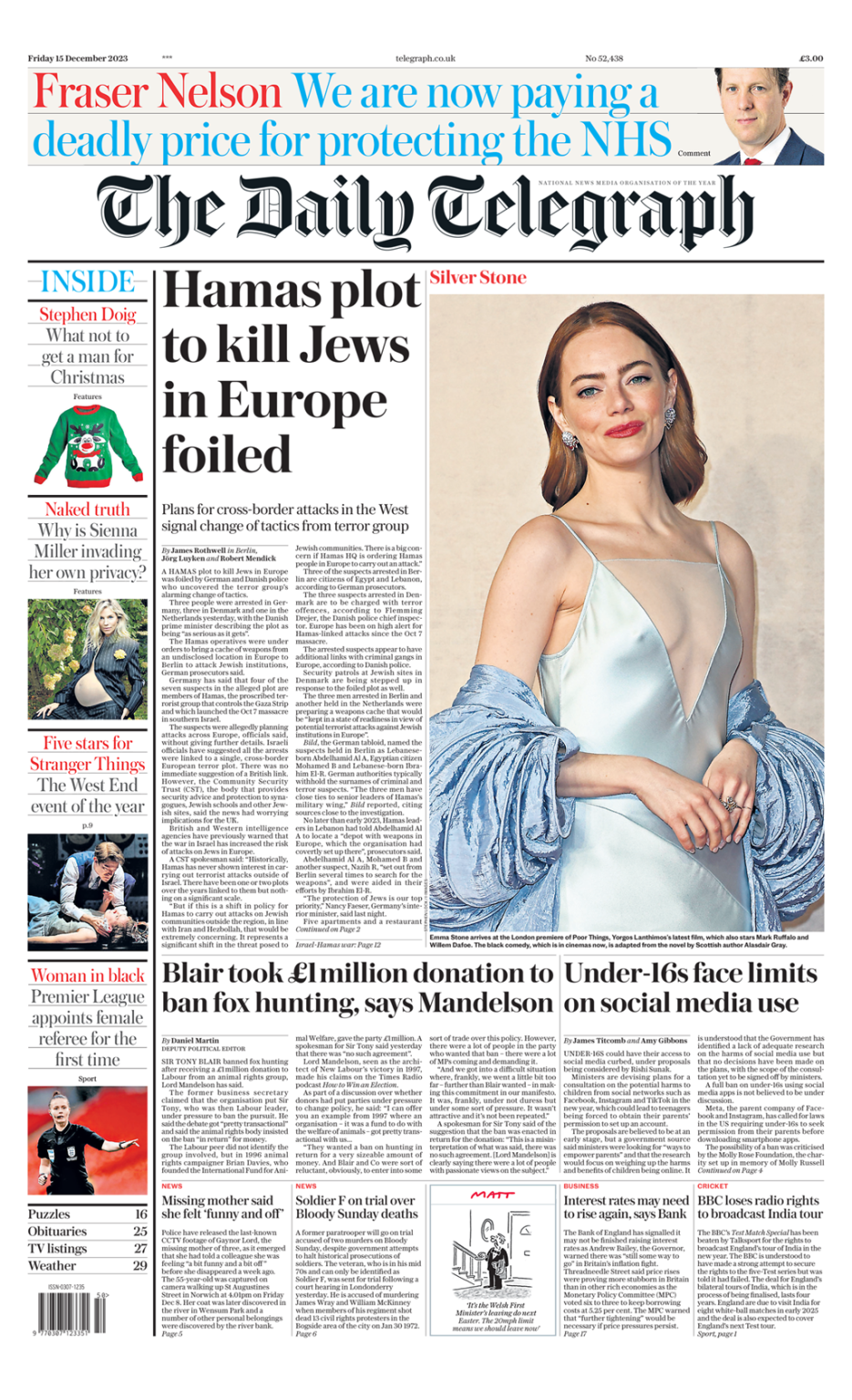 Daily Telegraph Front Page 15th Of December 2023 Tomorrows Papers Today