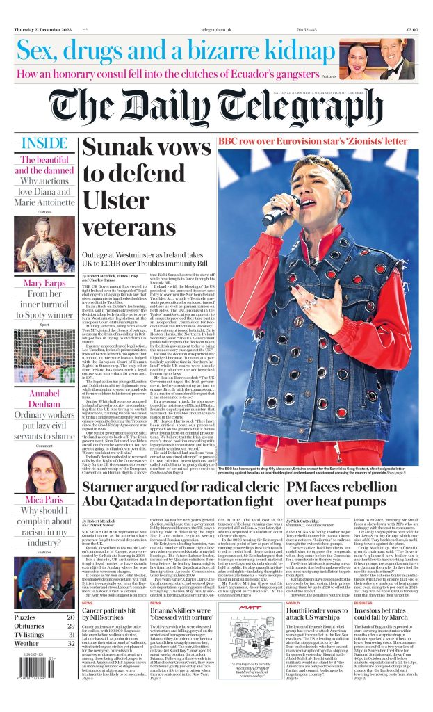 Daily Telegraph Front Page 21st Of December 2023 - Tomorrow's Papers Today!