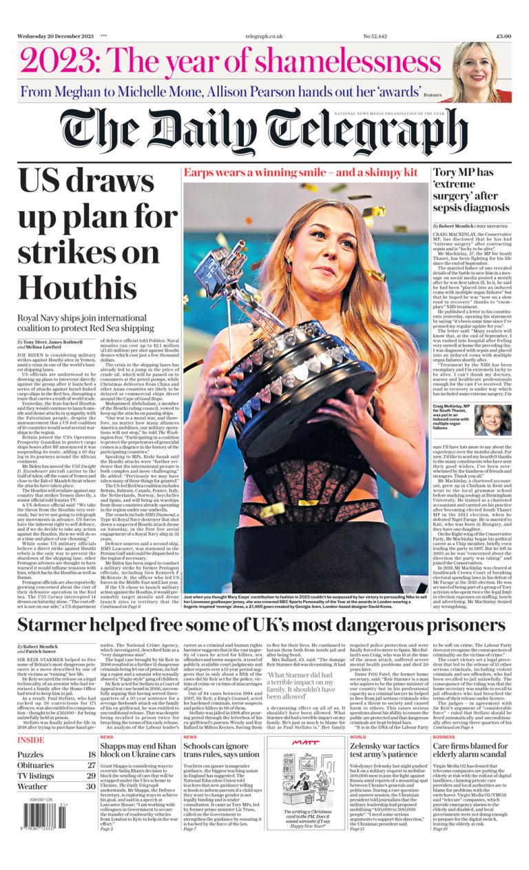 Daily Telegraph Front Page 20th Of December 2023 Tomorrows Papers Today 2843