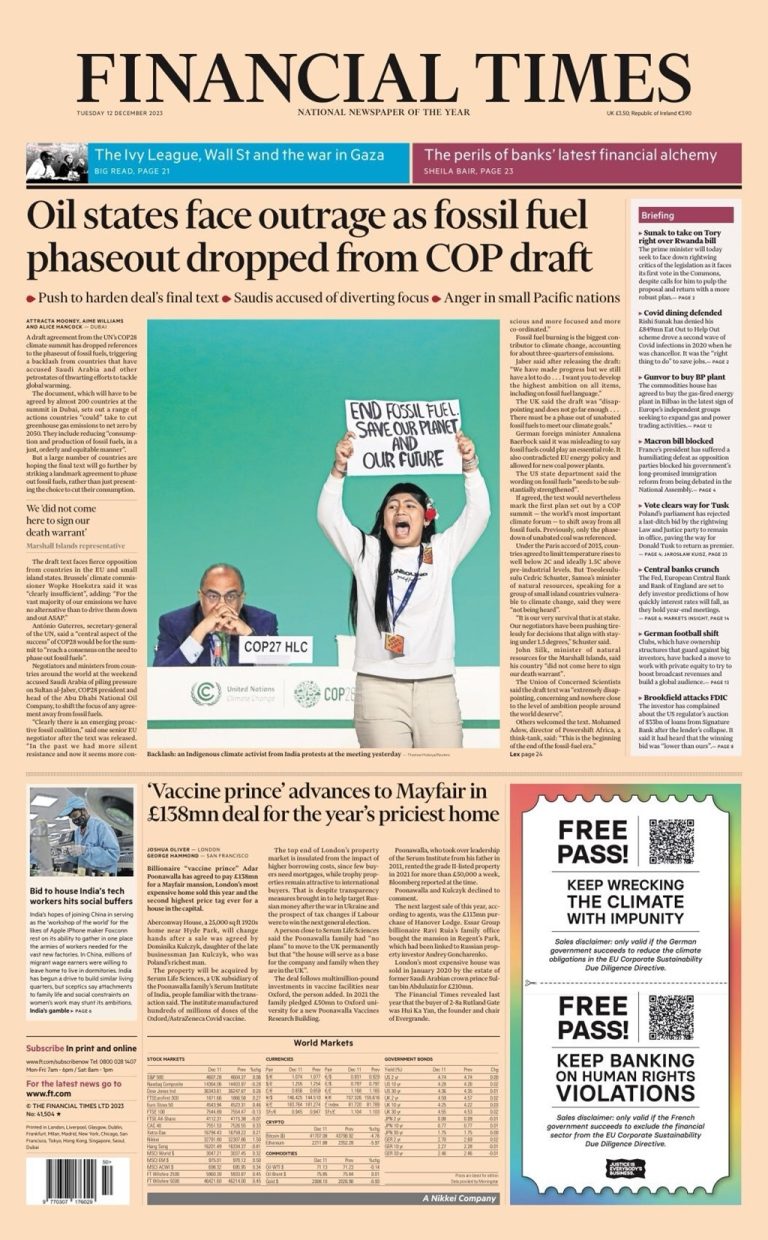 Financial Times Front Page 12th of December 2023 Tomorrow's Papers Today!