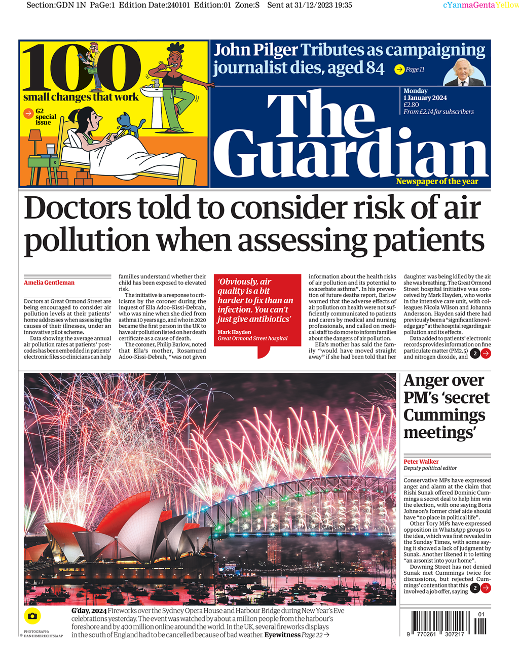 Guardian Front Page 1st of January 2024 Tomorrow's Papers Today!