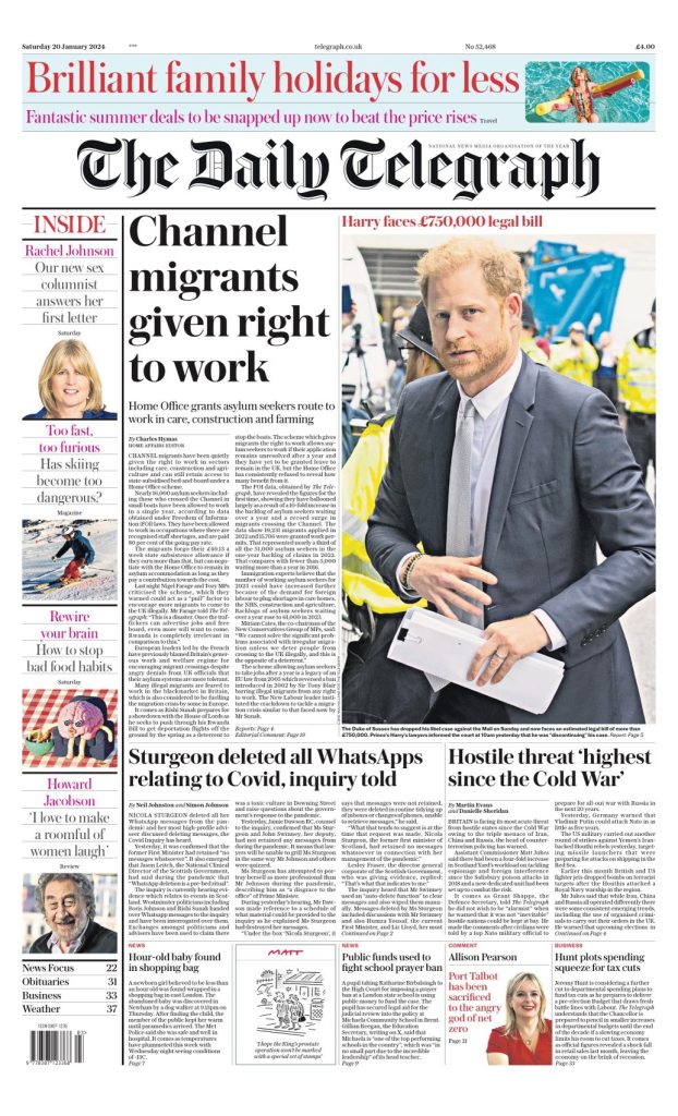 Daily Telegraph Front Page 20th of January 2024 - Tomorrow's Papers Today!