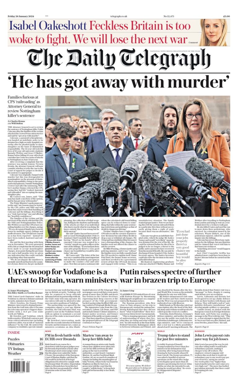 Daily Telegraph Front Page 26th of January 2024 - Tomorrow's Papers Today!