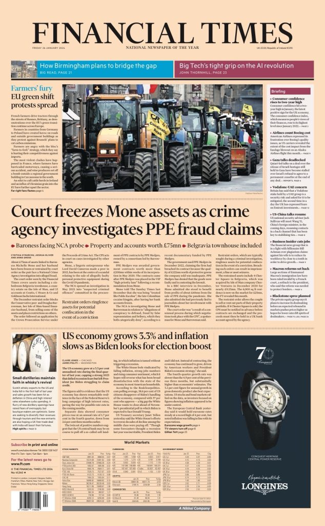 Financial Times Front Page 26th of January 2024 Tomorrow's Papers Today!