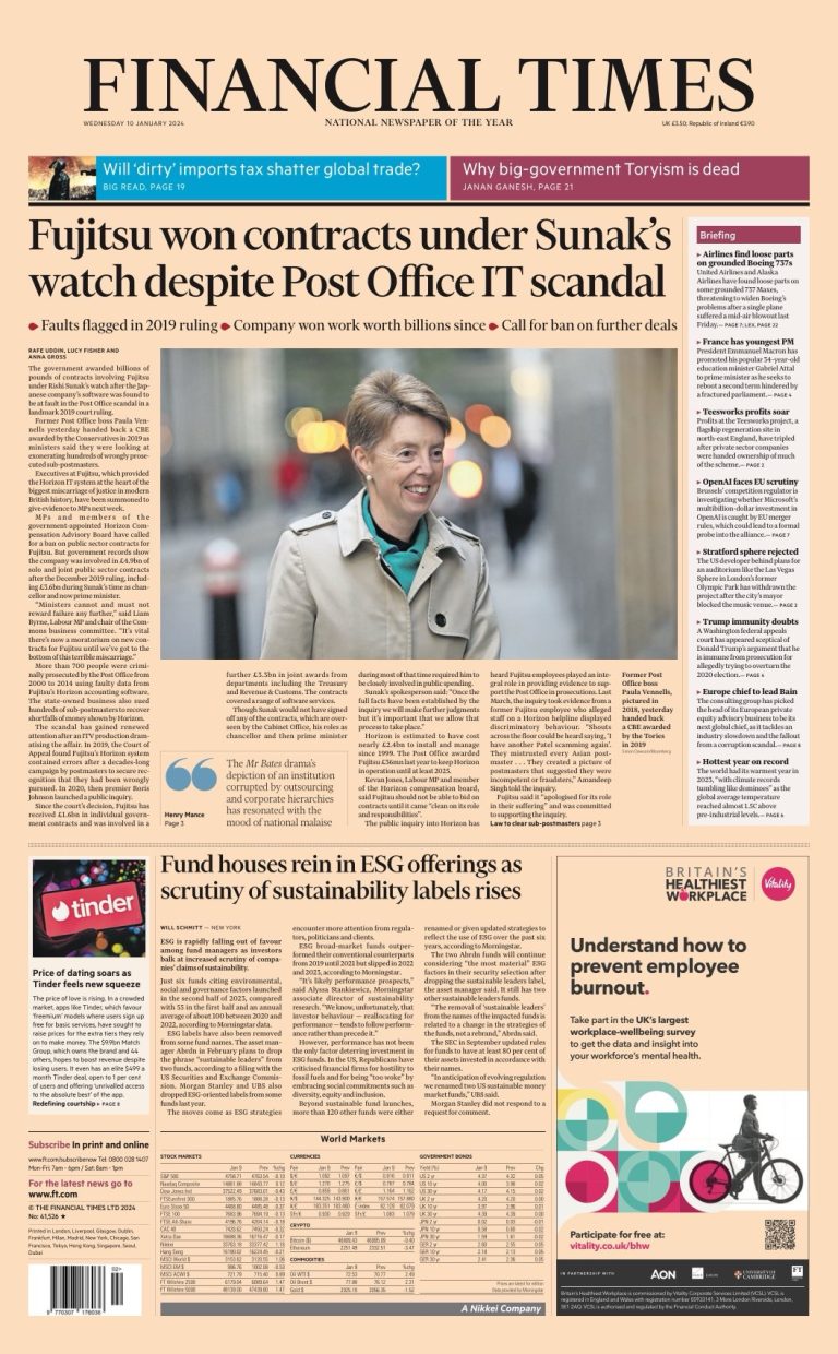 Financial Times Front Page 10th Of January 2024 - Tomorrow's Papers Today!