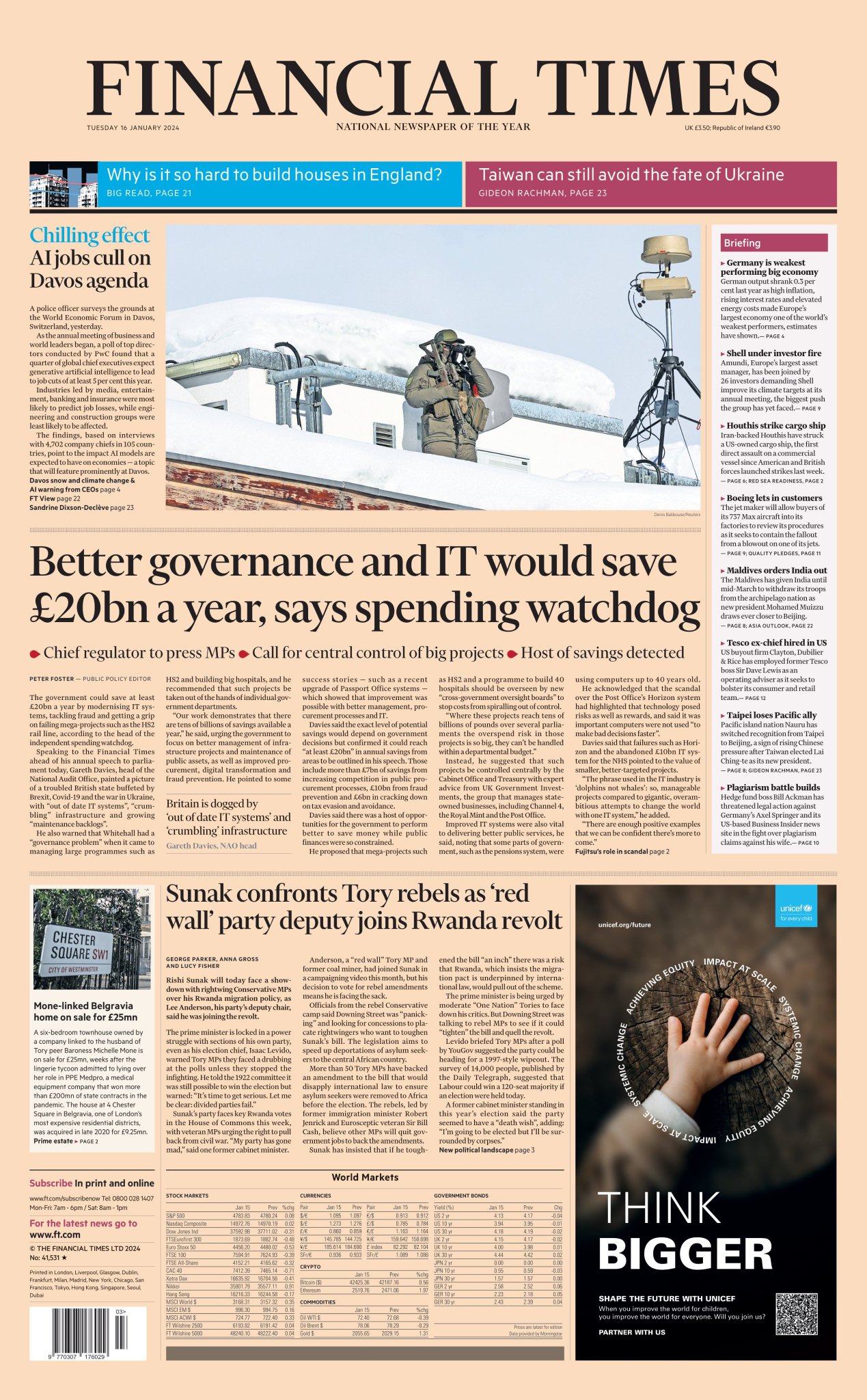 Financial Times Front Page 16th of January 2024 Tomorrow's Papers Today!
