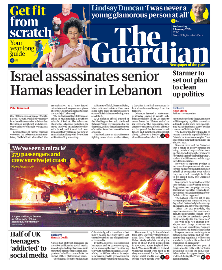 Guardian Front Page 3rd of January 2024 Tomorrow's Papers Today!