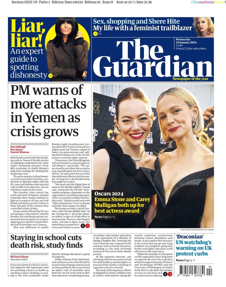 Guardian Front Page 24th of January 2024 Tomorrow's Papers Today!