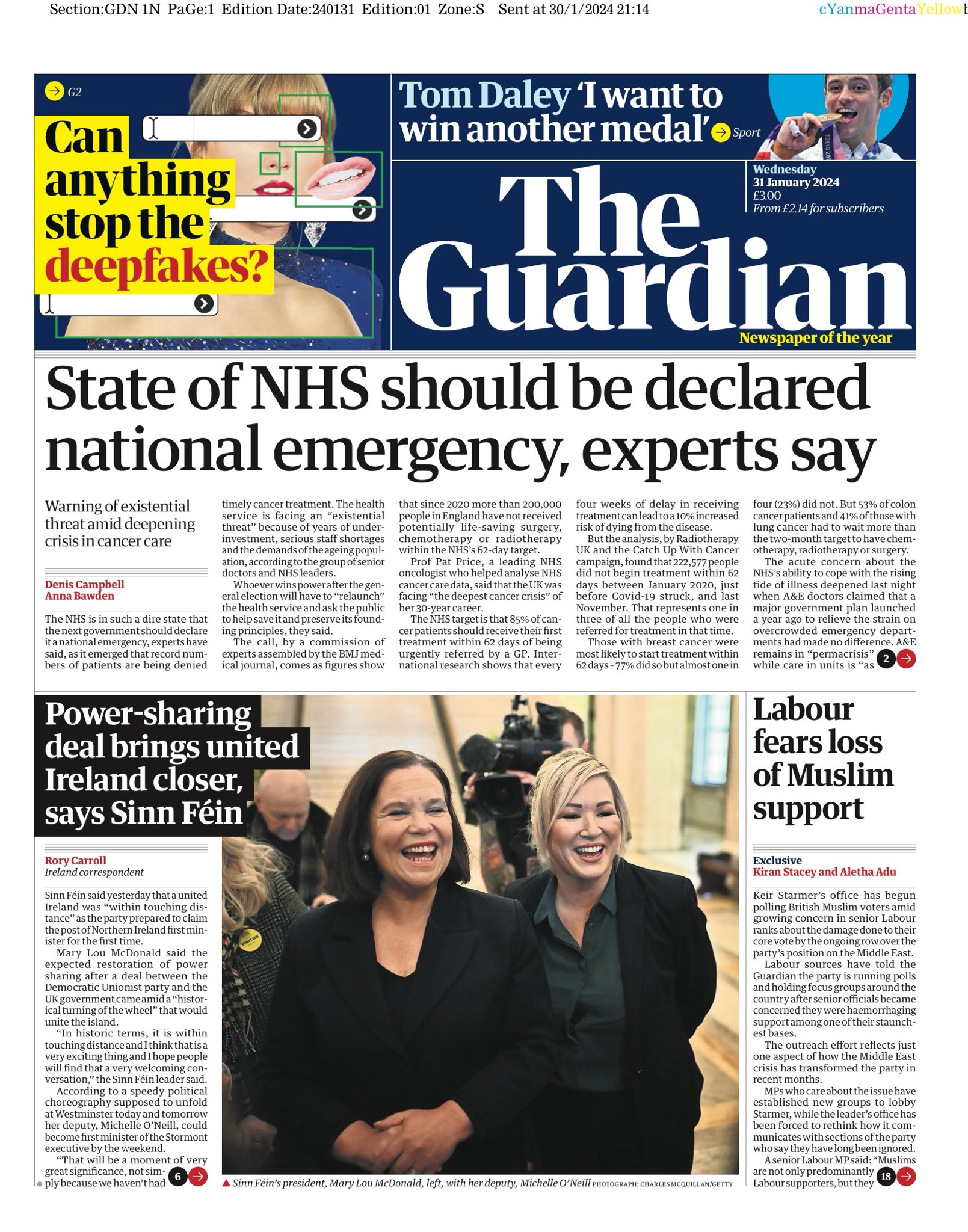Guardian Front Page 31st of January 2024 Tomorrow's Papers Today!