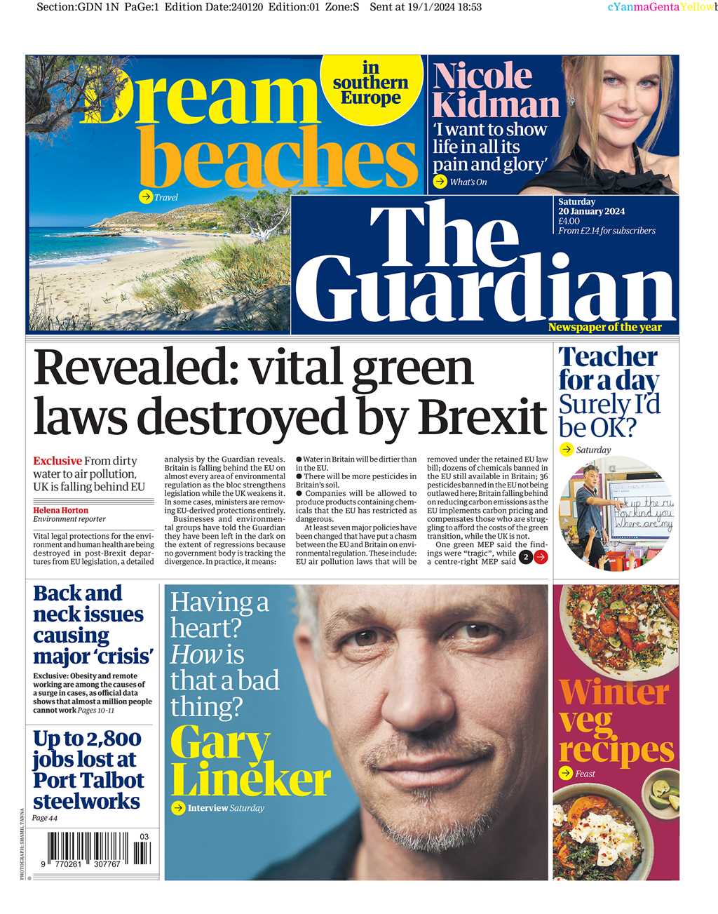 Guardian Front Page 20th of January 2024 Tomorrow's Papers Today!