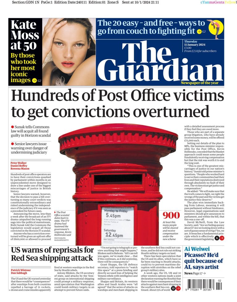 Guardian Front Page 11th of January 2024 Tomorrow's Papers Today!