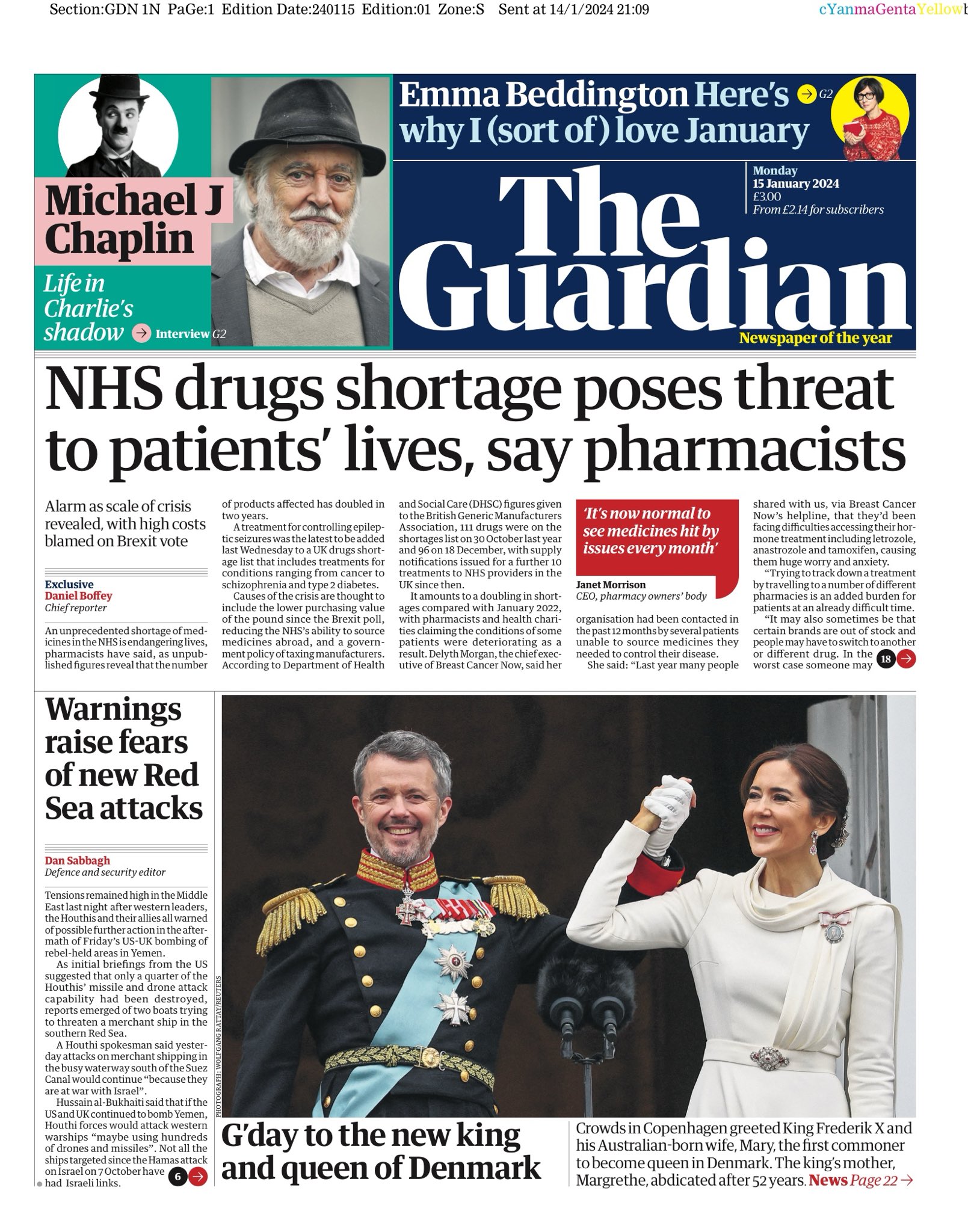 Guardian Front Page 15th of January 2024 Tomorrow's Papers Today!