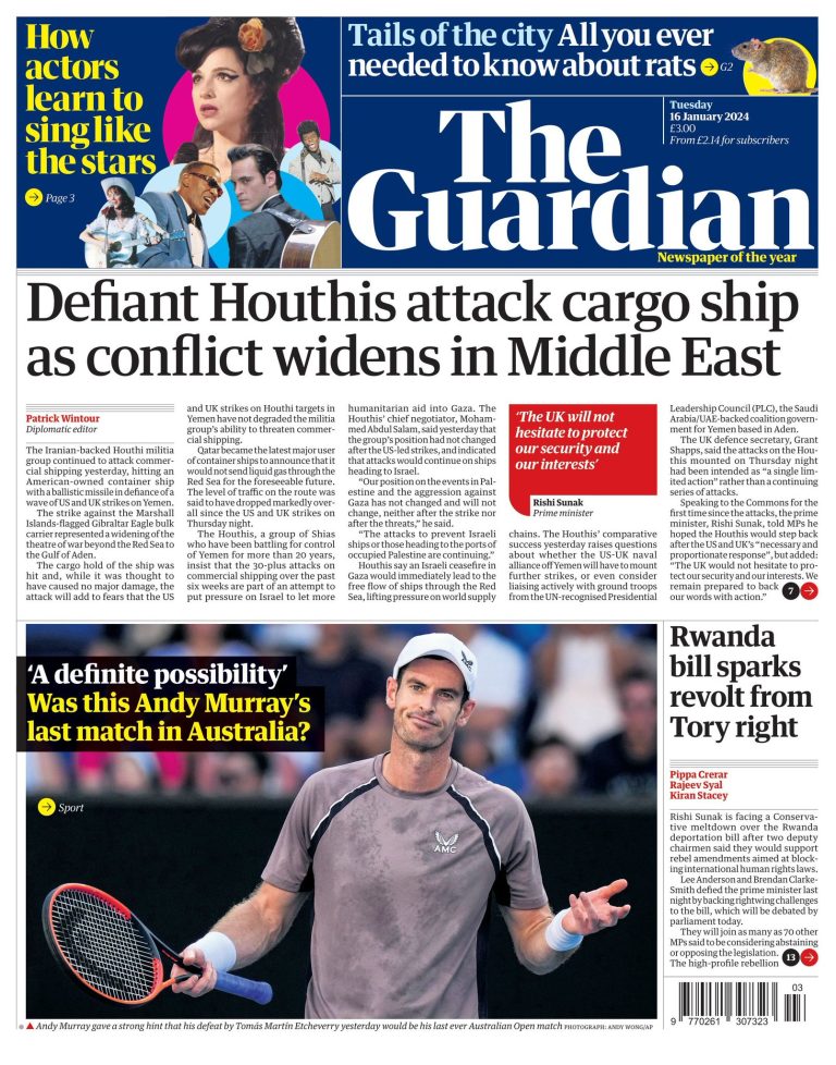 Guardian Front Page 16th of January 2024 Tomorrow's Papers Today!