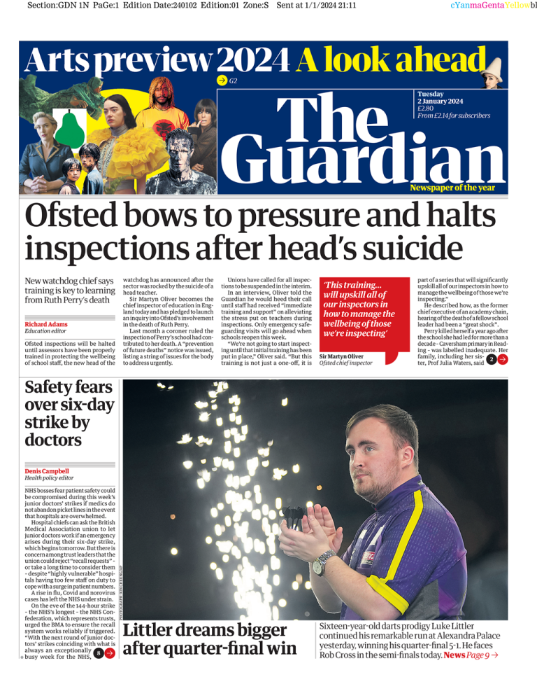 Guardian Front Page 2nd of January 2024 Tomorrow's Papers Today!