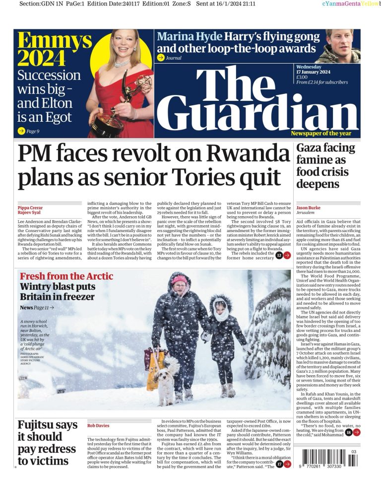 Guardian Front Page 17th of January 2024 Tomorrow's Papers Today!