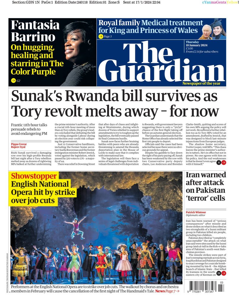 Guardian Front Page 18th of January 2024 Tomorrow's Papers Today!
