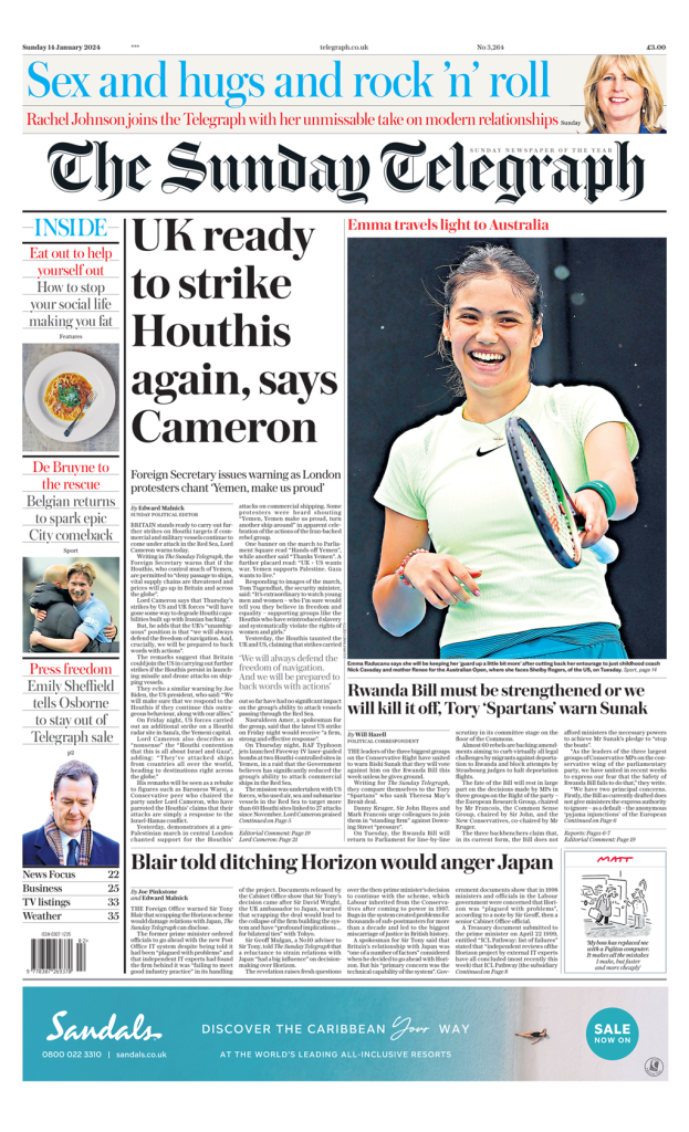 Sunday Telegraph Front Page 14th Of January 2024 - Tomorrow's Papers Today!