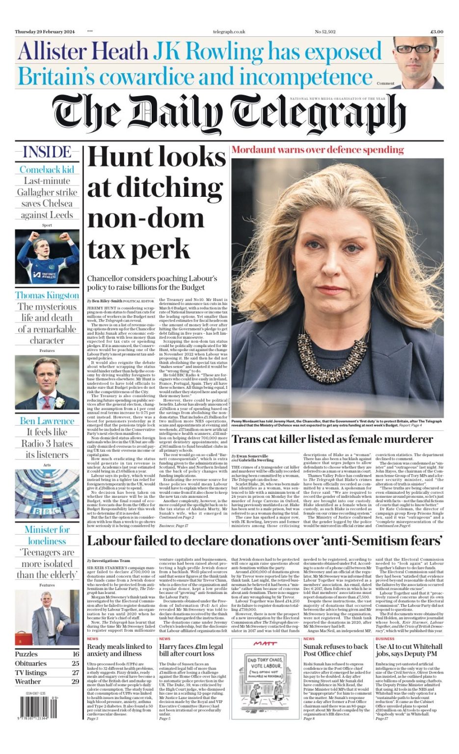 Daily Telegraph Front Page 29th of February 2024 - Tomorrow's Papers Today!