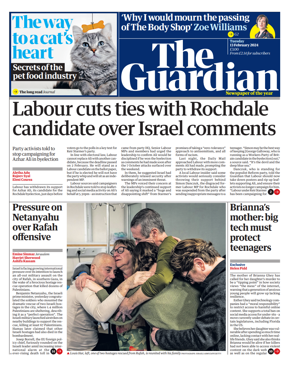 Guardian Front Page 13th of February 2024 Tomorrow's Papers Today!