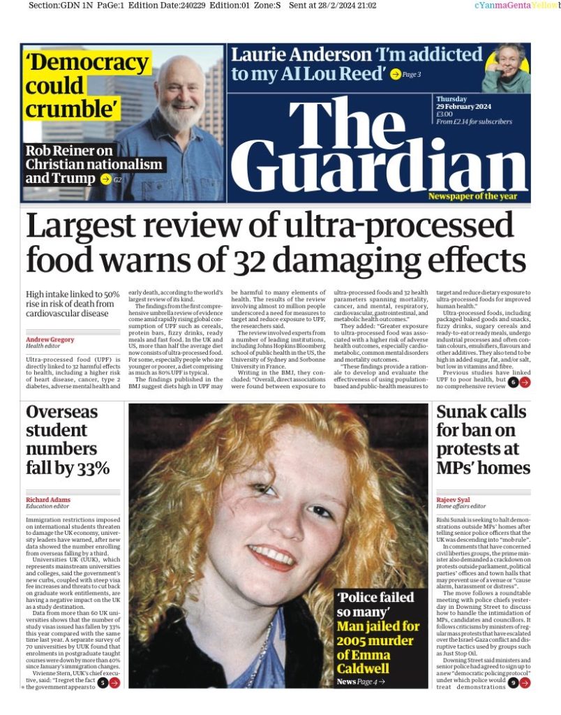 Guardian Front Page 29th of February 2024 Tomorrow's Papers Today!