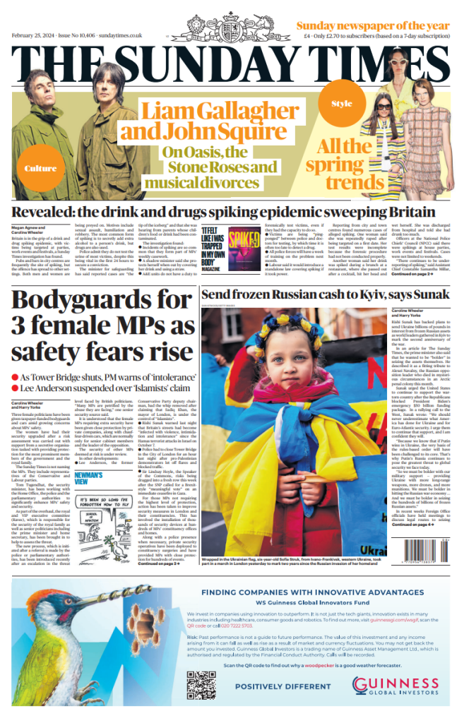 Sunday Times Front Page 25th of February 2024 - Tomorrow's Papers Today!