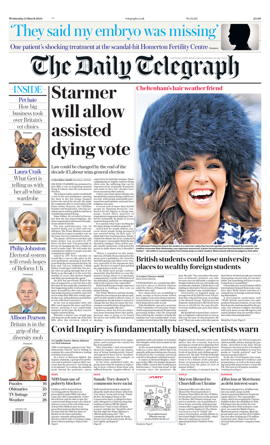 Daily Telegraph Front Page 13th of March 2024 Tomorrow's Papers Today!