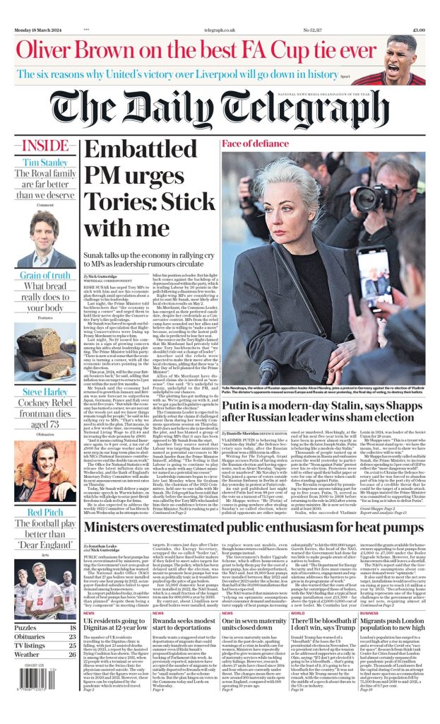 Daily Telegraph Front Page 18th of March 2024 - Tomorrow's Papers Today!