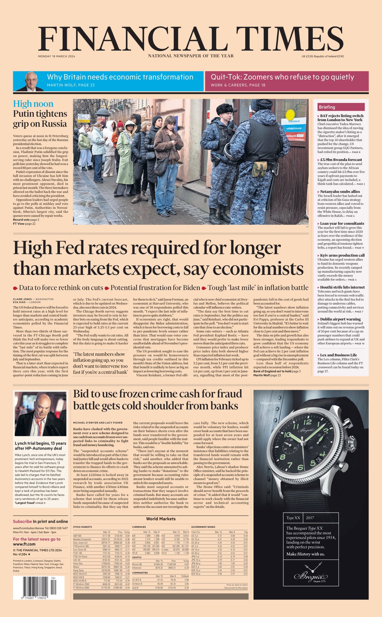 Financial Times Front Page 18th of March 2024 Tomorrow's Papers Today!