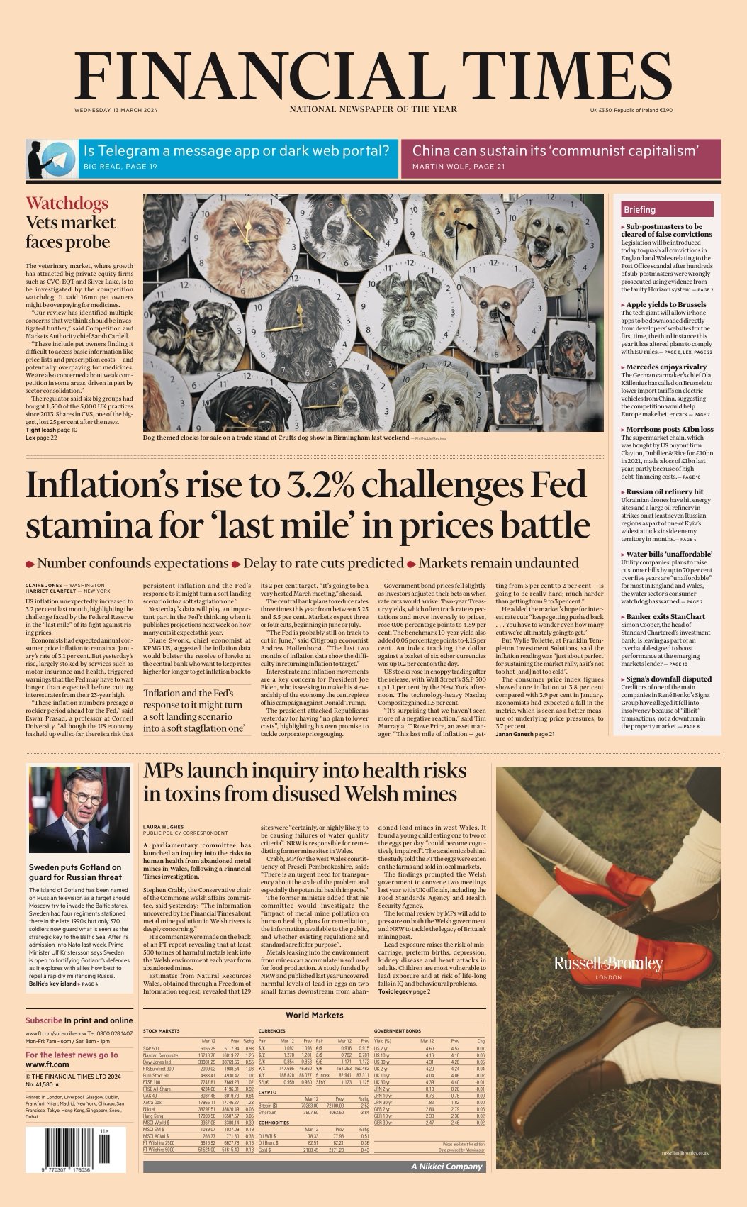 Financial Times Front Page 13th of March 2024 Tomorrow's Papers Today!