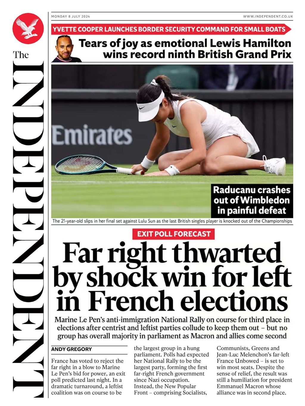 Independent Front Page 8th of July 2024 Tomorrow's Papers Today!